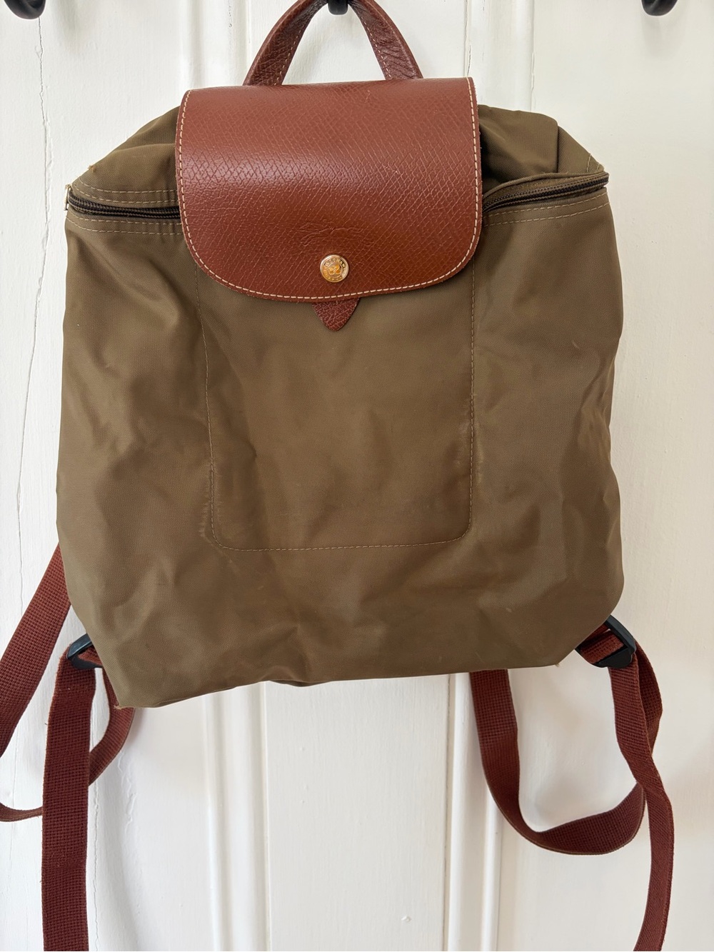 Longchamp Olive Nylon Backpack with Brown Leather Flap and Straps